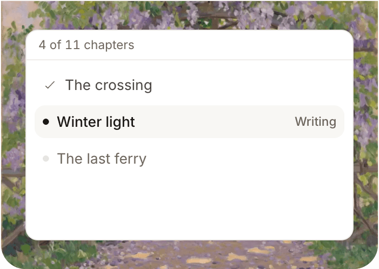 Chapter list with Winter light being written