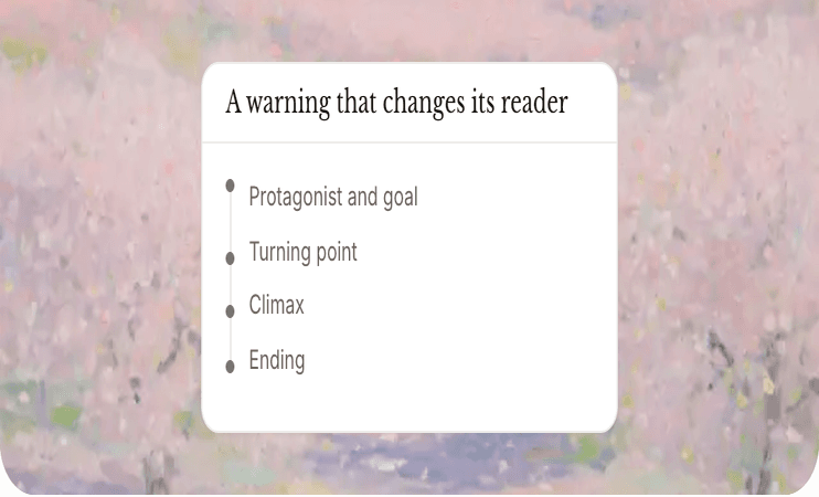 Plot spine for A warning that changes its reader