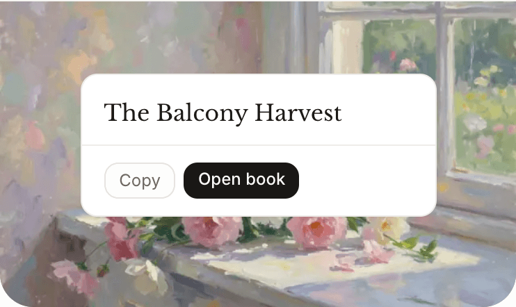 Kept title The Balcony Harvest, ready to open a book